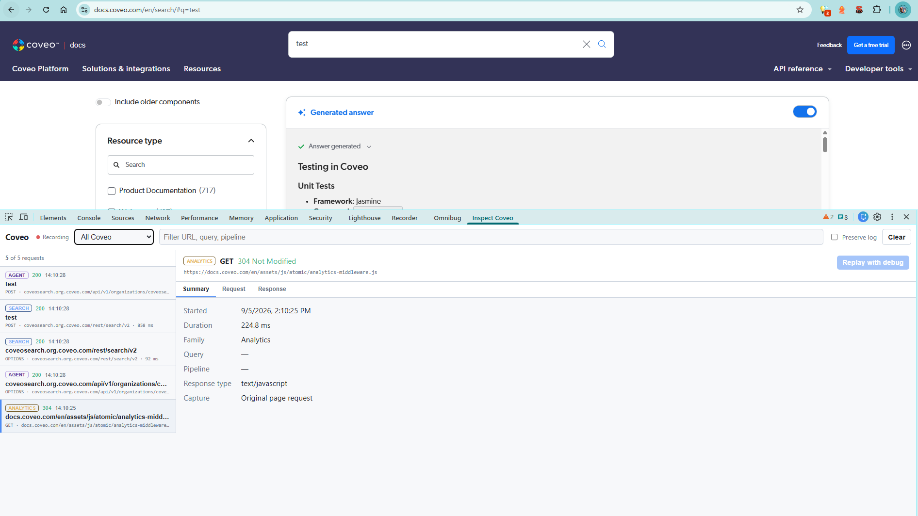 The DevTools panel listing captured Coveo requests, classified by family