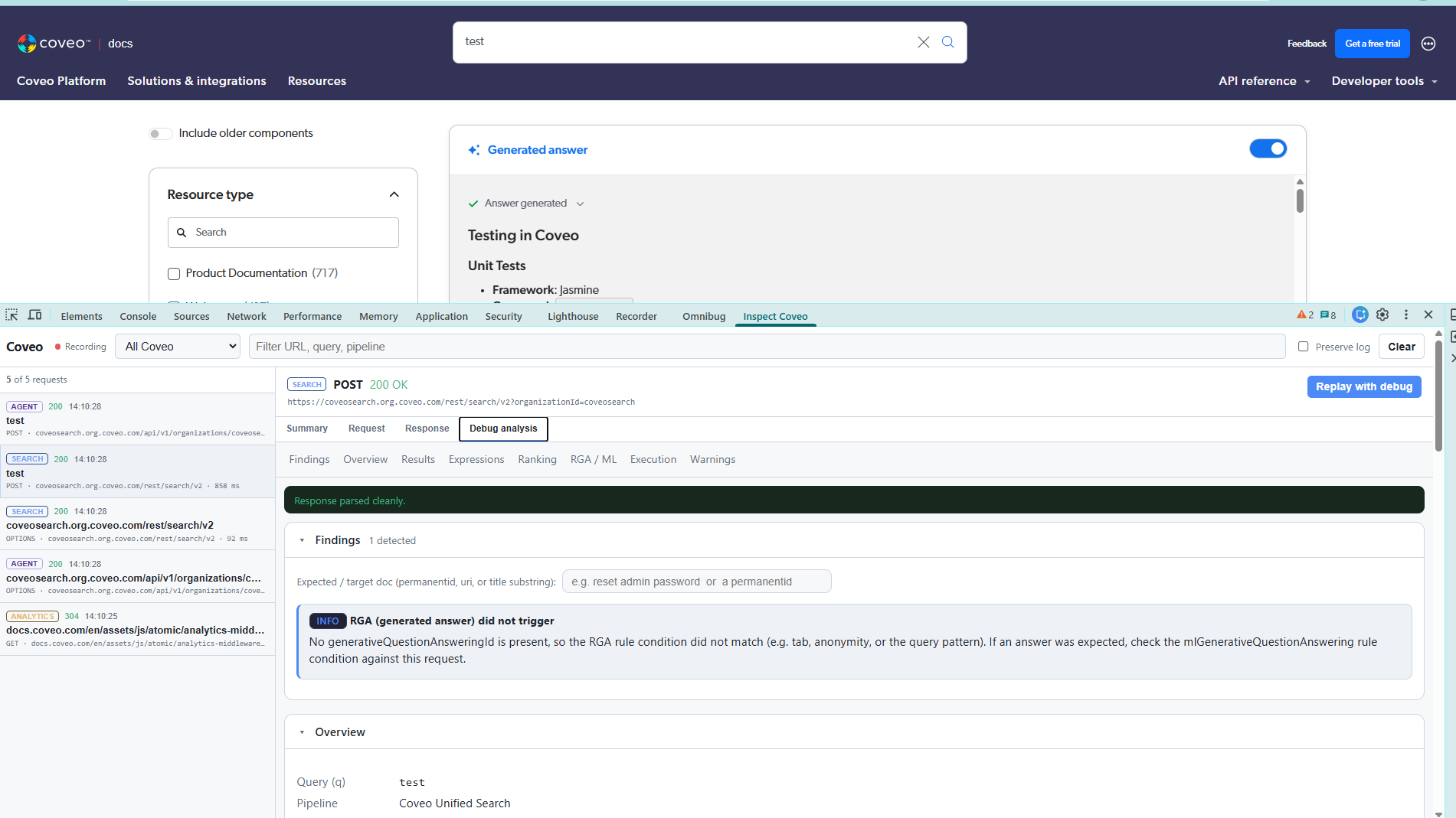 Debug analysis of a captured search response